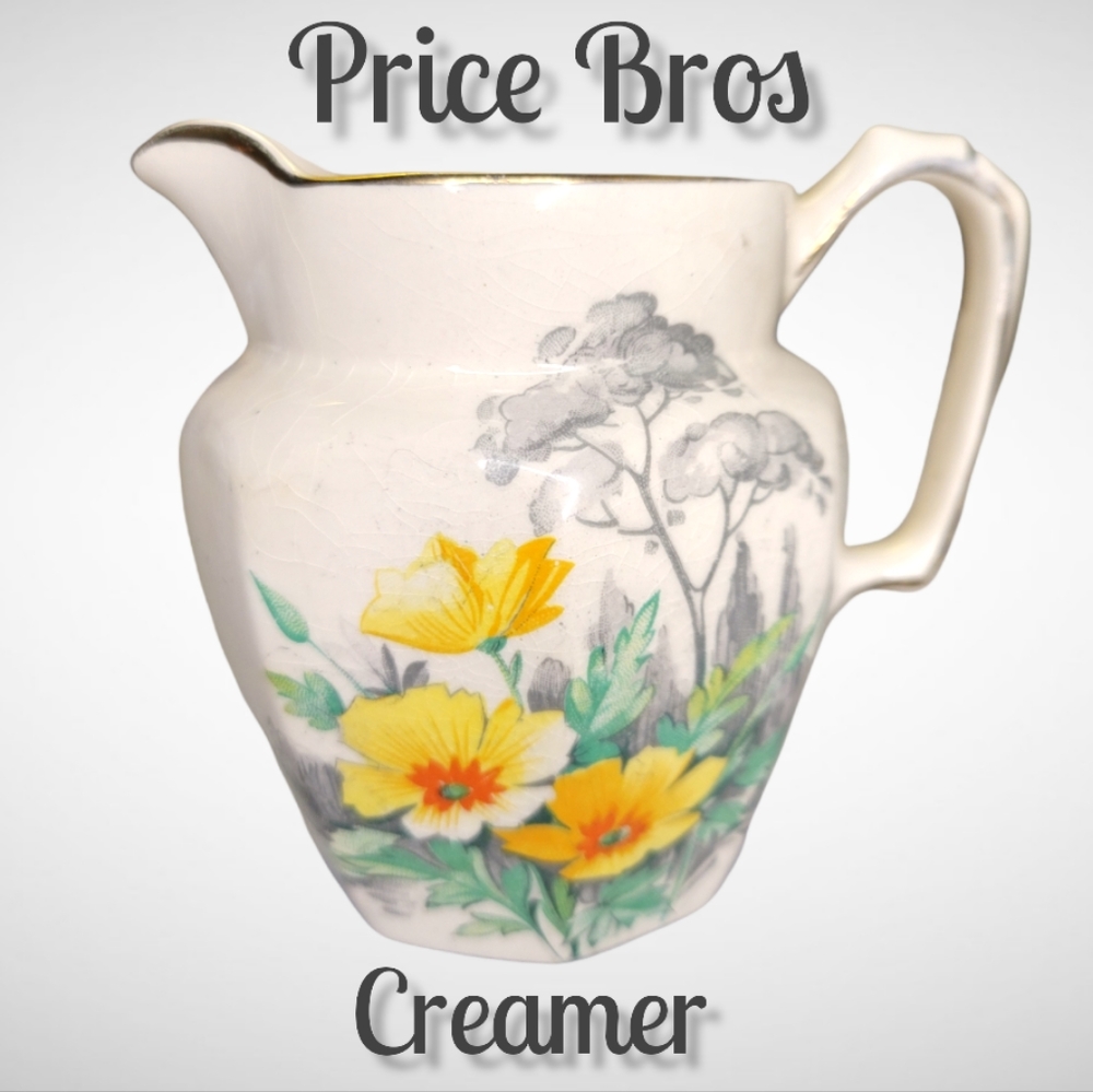 Vtg Creamer Price Bro's Pottery Earthenware Gold Trim Yellow Flowers.